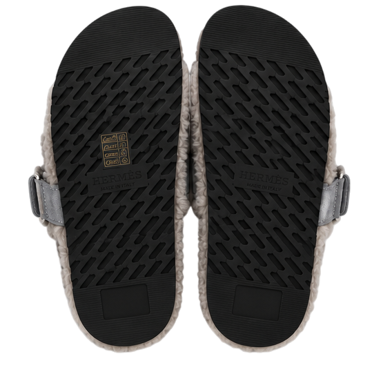 Hermès Chypre Shearling Sandals – Grey Suede & Ecru