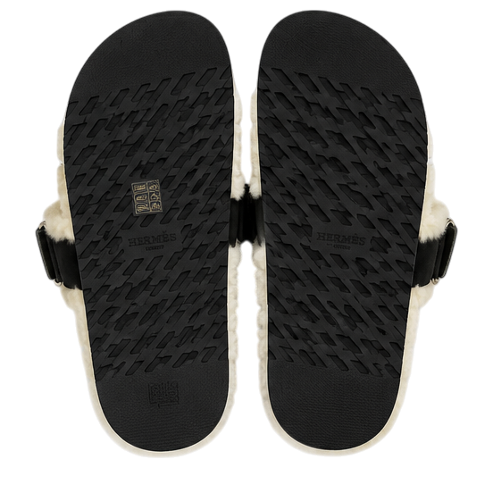 Hermès Chypre Shearling Sandals – Black Suede & Ecru