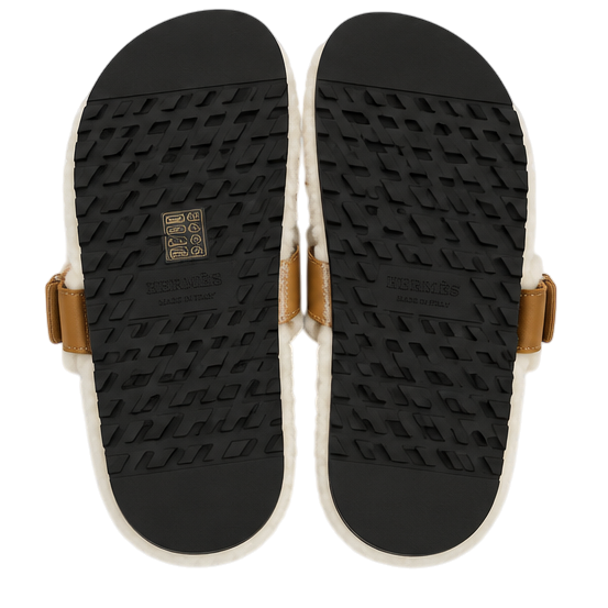 Hermès Chypre Shearling Sandals – Havane Suede & Ecru