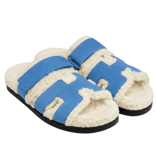 Hermès Chypre Shearling Sandals – Blue Suede & Ecru