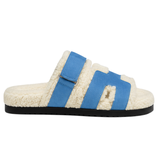 Hermès Chypre Shearling Sandals – Blue Suede & Ecru