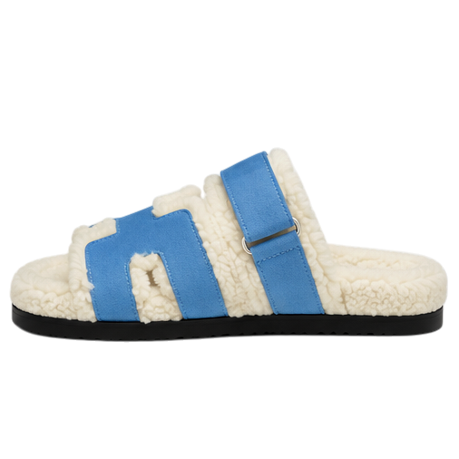 Hermès Chypre Shearling Sandals – Blue Suede & Ecru