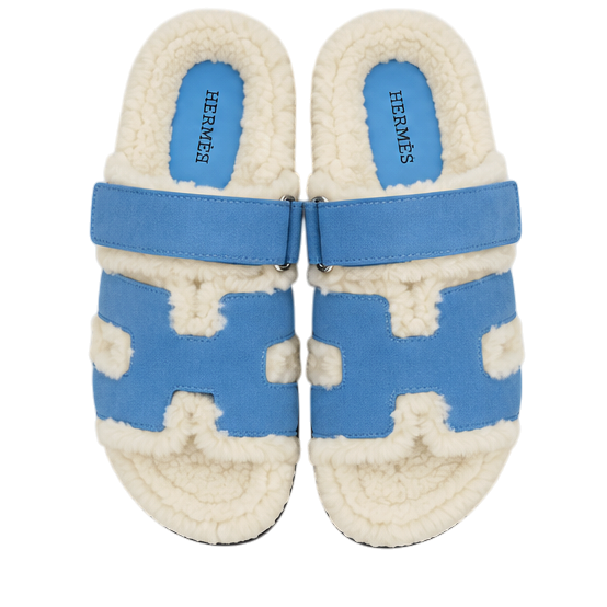 Hermès Chypre Shearling Sandals – Blue Suede & Ecru