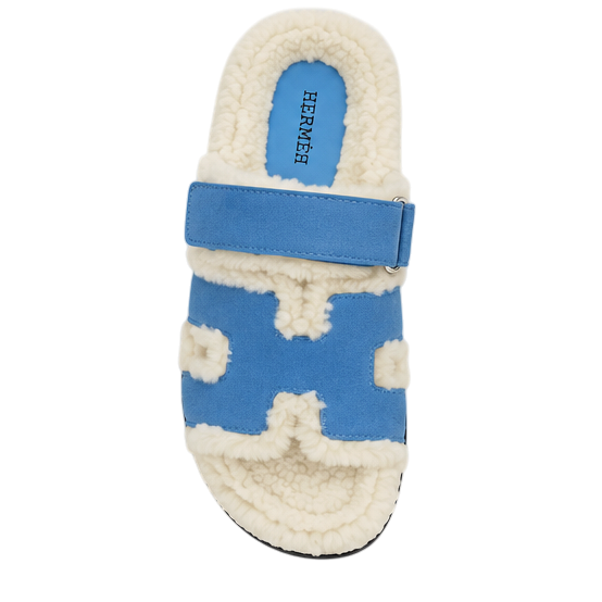 Hermès Chypre Shearling Sandals – Blue Suede & Ecru