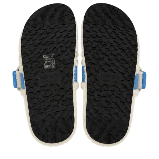 Hermès Chypre Shearling Sandals – Blue Suede & Ecru