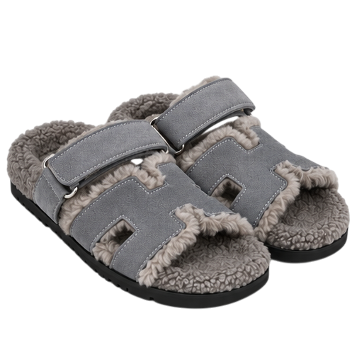 Hermès Chypre Shearling Sandals – Grey Suede & Ecru