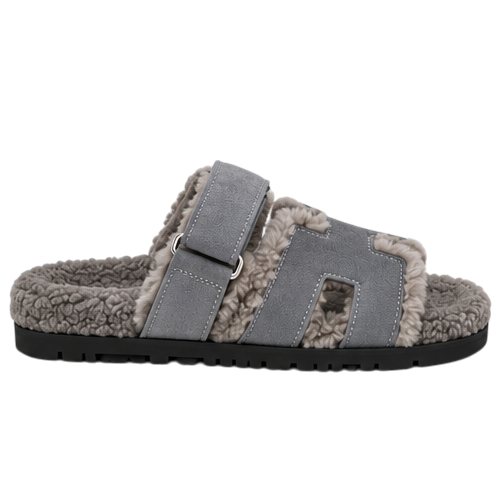 Hermès Chypre Shearling Sandals – Grey Suede & Ecru