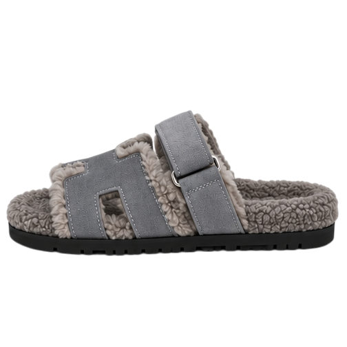 Hermès Chypre Shearling Sandals – Grey Suede & Ecru