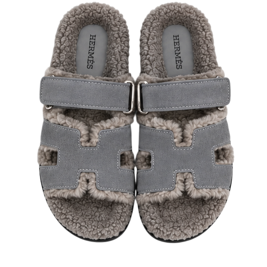 Hermès Chypre Shearling Sandals – Grey Suede & Ecru