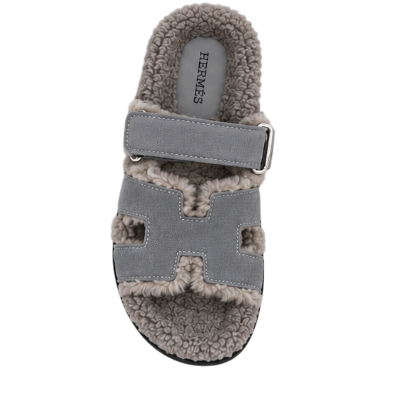 Hermès Chypre Shearling Sandals – Grey Suede & Ecru