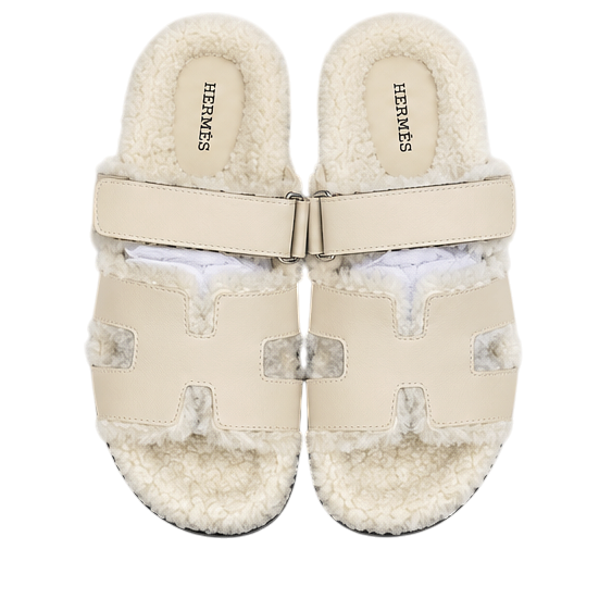 Hermès Chypre Shearling Sandals – Beige Suede & Ecru