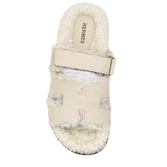 Hermès Chypre Shearling Sandals – Beige Suede & Ecru