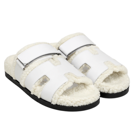 Hermès Chypre Shearling Sandals – White Suede & Ecru