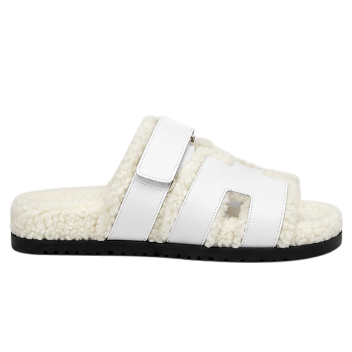 Hermès Chypre Shearling Sandals – White Suede & Ecru