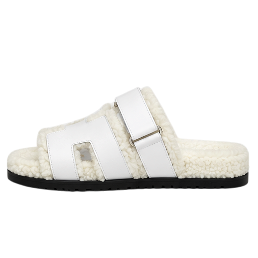 Hermès Chypre Shearling Sandals – White Suede & Ecru
