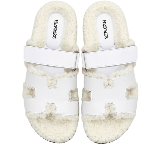 Hermès Chypre Shearling Sandals – White Suede & Ecru