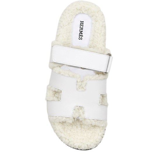 Hermès Chypre Shearling Sandals – White Suede & Ecru