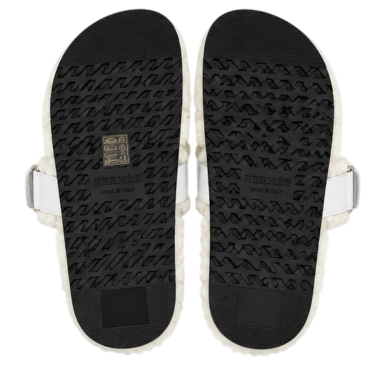 Hermès Chypre Shearling Sandals – White Suede & Ecru
