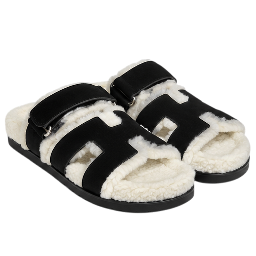 Hermès Chypre Shearling Sandals – Black Suede & Ecru