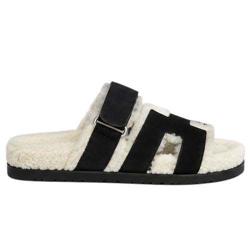 Hermès Chypre Shearling Sandals – Black Suede & Ecru