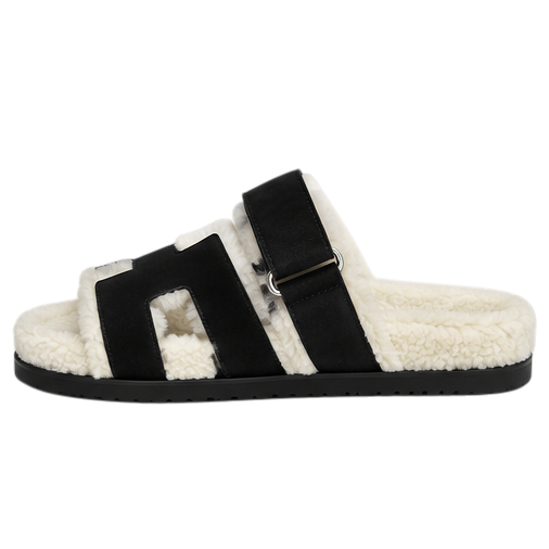 Hermès Chypre Shearling Sandals – Black Suede & Ecru