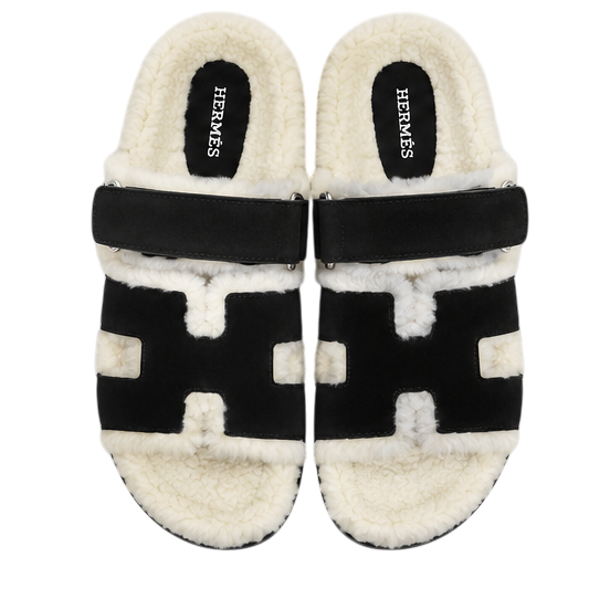 Hermès Chypre Shearling Sandals – Black Suede & Ecru