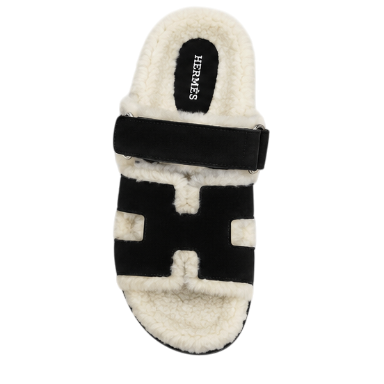 Hermès Chypre Shearling Sandals – Black Suede & Ecru