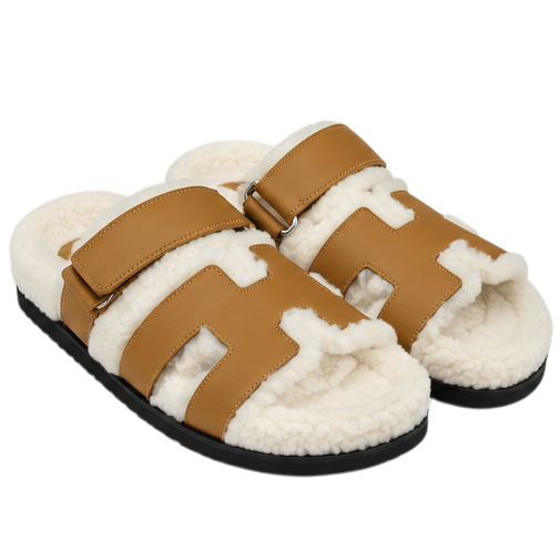 Hermès Chypre Shearling Sandals – Havane Suede & Ecru
