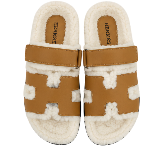 Hermès Chypre Shearling Sandals – Havane Suede & Ecru