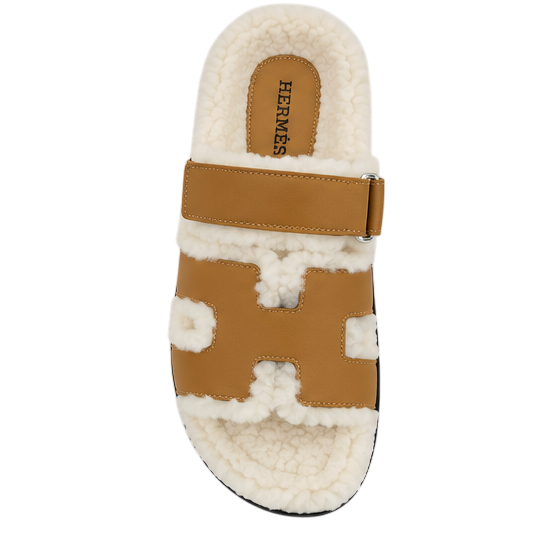 Hermès Chypre Shearling Sandals – Havane Suede & Ecru
