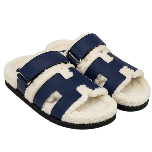 Hermès Chypre Shearling Sandals – Navy Suede & Ecru
