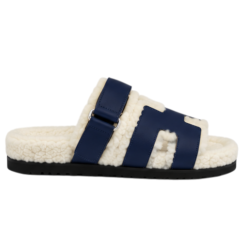 Hermès Chypre Shearling Sandals – Navy Suede & Ecru