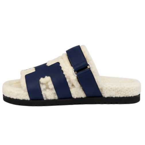 Hermès Chypre Shearling Sandals – Navy Suede & Ecru