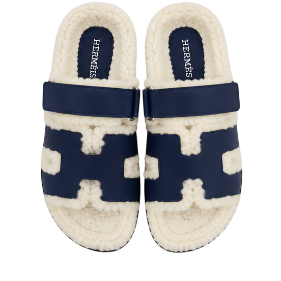 Hermès Chypre Shearling Sandals – Navy Suede & Ecru