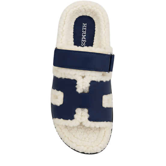 Hermès Chypre Shearling Sandals – Navy Suede & Ecru