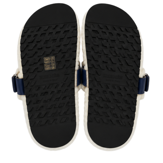 Hermès Chypre Shearling Sandals – Navy Suede & Ecru